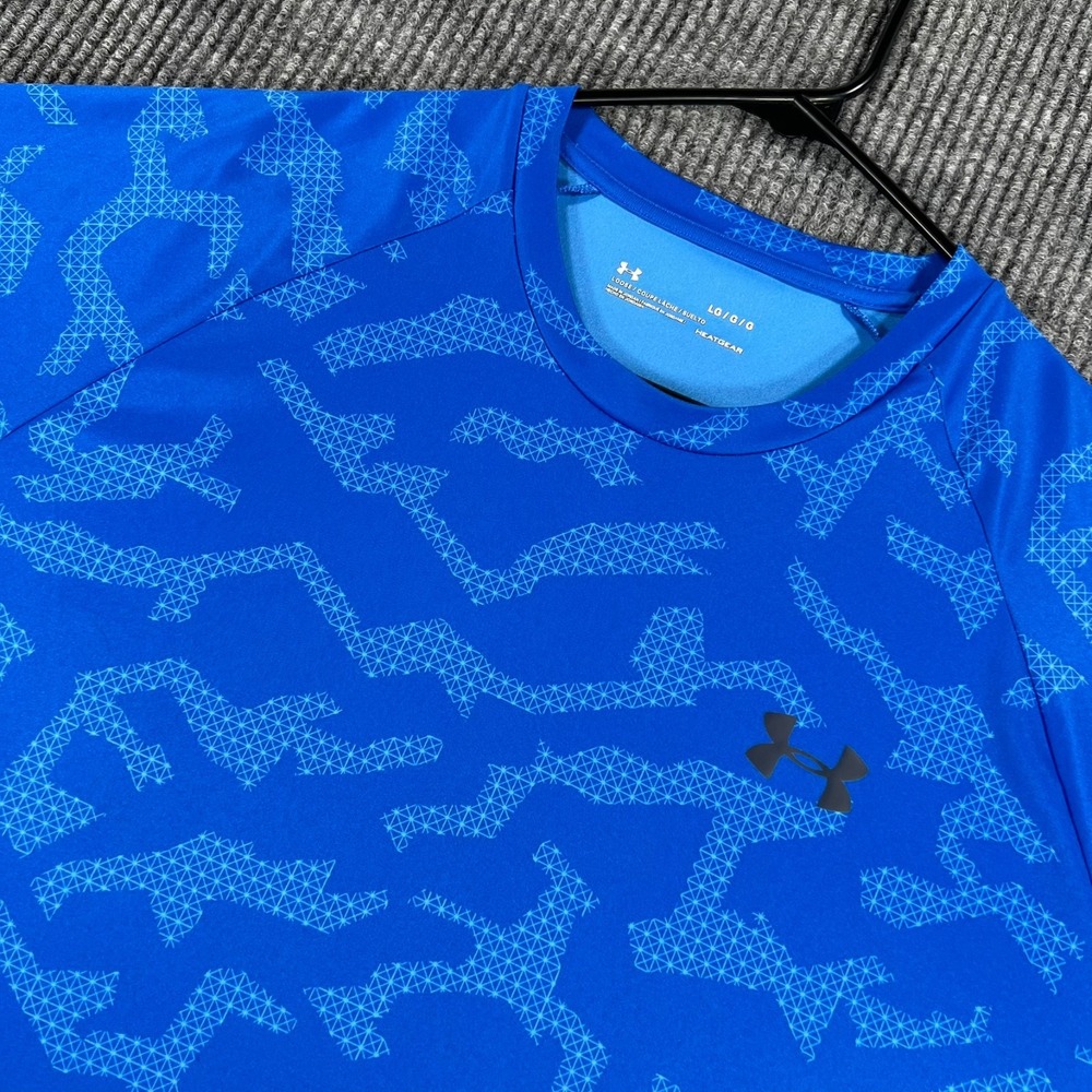 Under Armour Shirt Mens Large Blue Camo Short Sleeve Heat Gear Workout Gym
